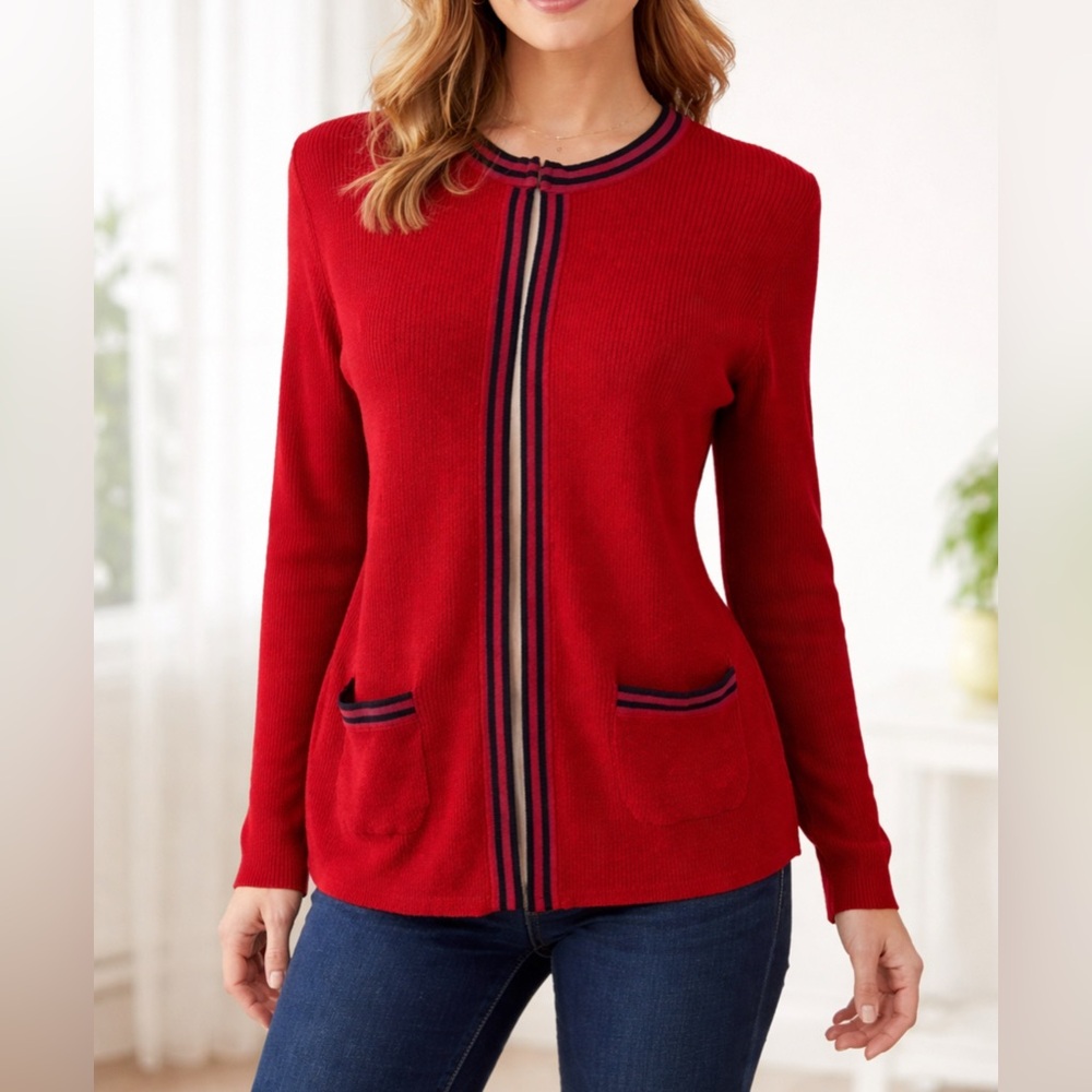 346 Brooks Brothers Cardigan Sweater Scarlet Red M Medium Navy Trim Classic